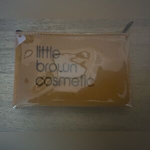 Bloomingdale's glossy tan make up cosmetic pouch with logo